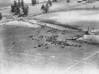 black and white photo of a plane crash in a farm field